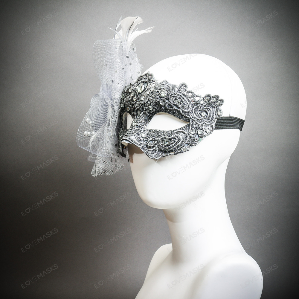 Flower Feather Mask Venetian Mardi Gras Masquerade - Silver - Picture 4 of 5